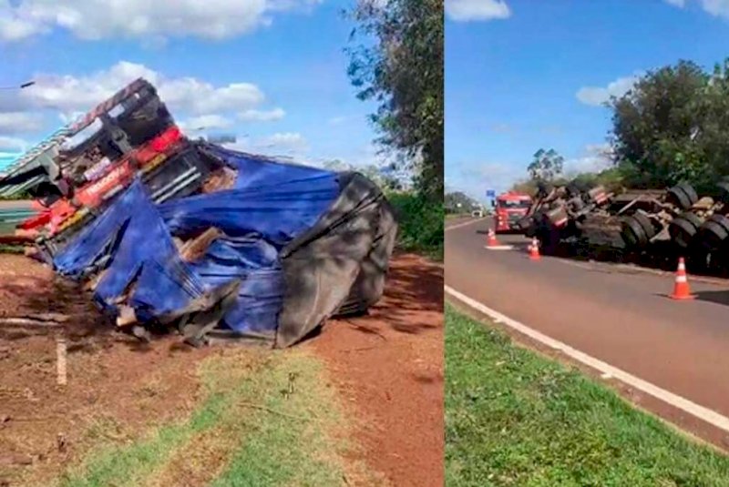 Motorista perde controle e tomba carreta às margens da BR-163, em Rio Brilhante