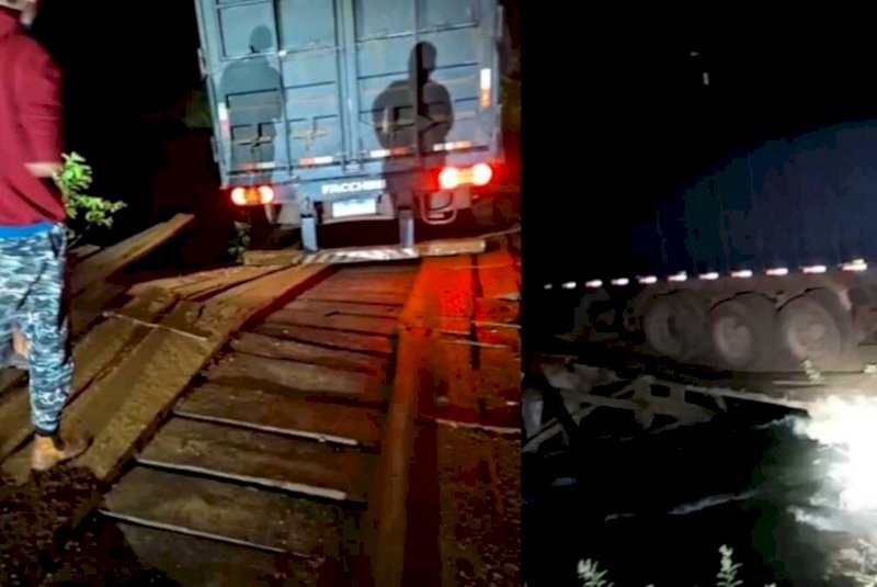 Ponte não aguenta peso e cede com caminhão carregado com cana-de-açúcar no MS (vídeo)
