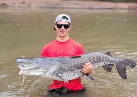 Em sua 1ª pesca esportiva, jovem fisga pintado com mais de 1m e quase 60 kg no Rio Miranda
