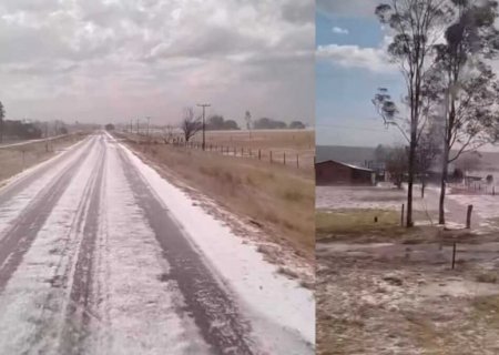 Vai um gelo aí? Granizo cobre BR após temporal em distrito de Nova Alvorada do Sul (vídeo)