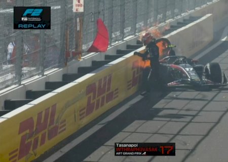 Carro de piloto da F2 pega fogo após batida forte em treino no Madring; veja